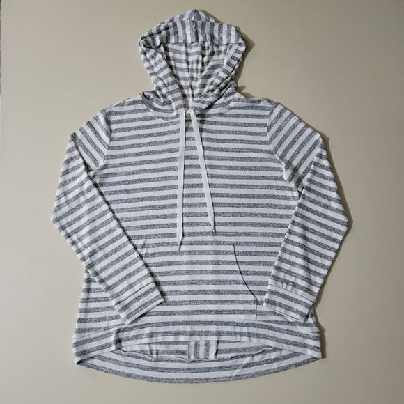 Market & Spruce Perine Pocket Gray Stripe Hooded Long Sleeve Pullover Top - Picture 5 of 15